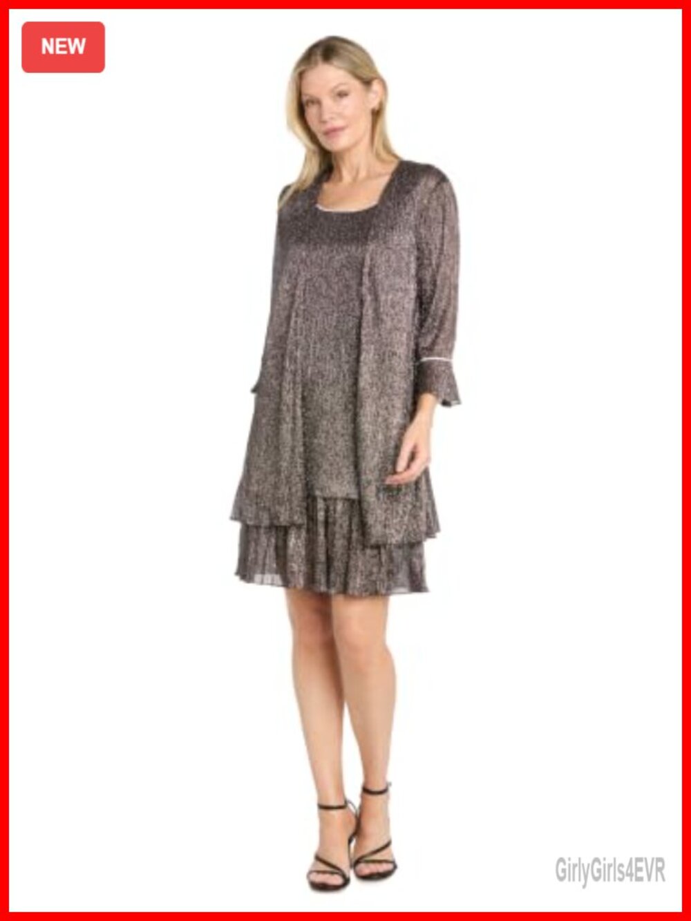 Metallic Glitter Knit 2-Piece Dress & Jacket Set Beaded Formal